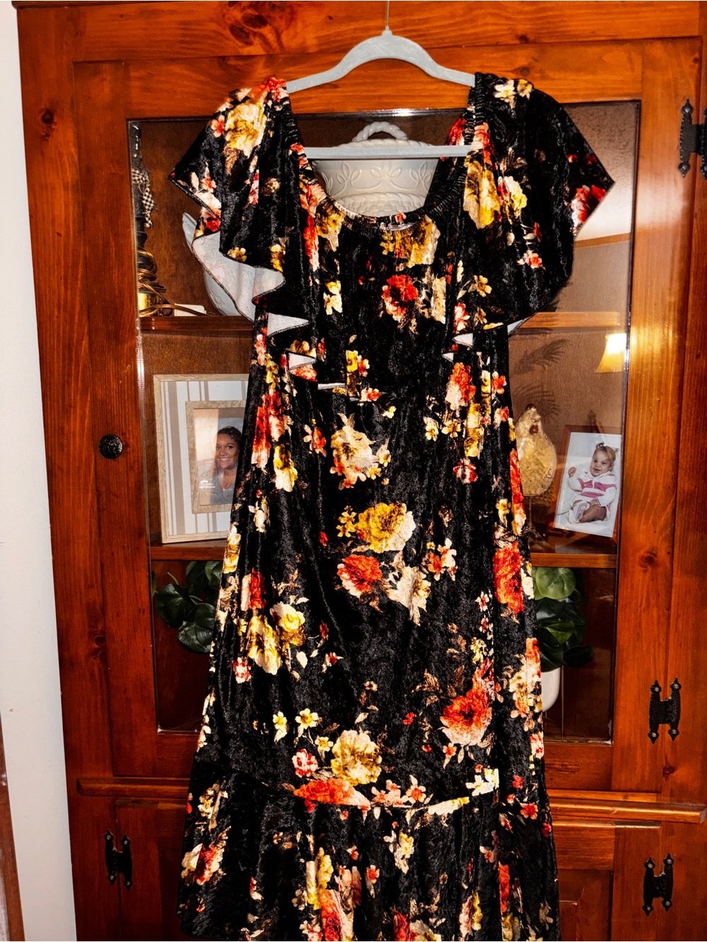 LuLaRoe 2x Black Velvet Midi Dress w/Red & Yellow Floral Pattern Nwot